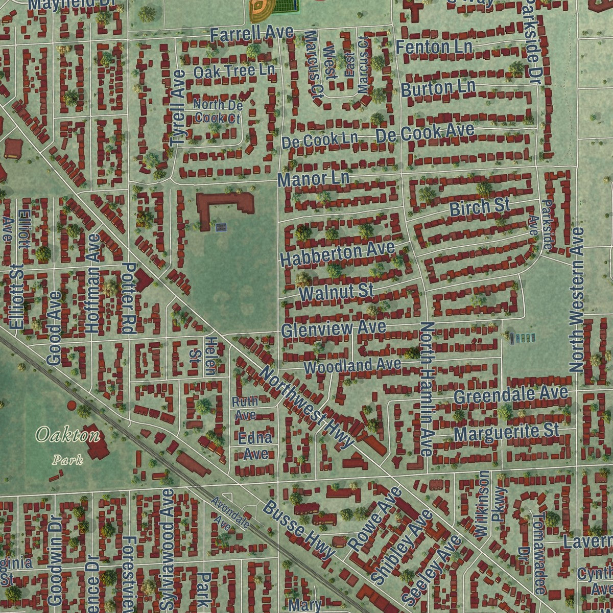 Second close-up of the map of Park Ridge, Illinois print showing more streets and buildings