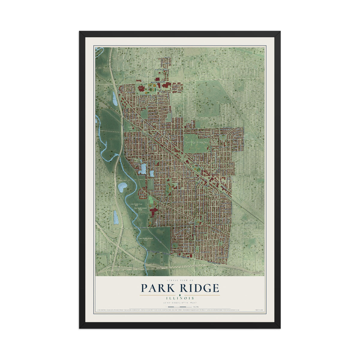 Map of Park Ridge, Illinois, 12 x 18 inch print in a black wood frame
