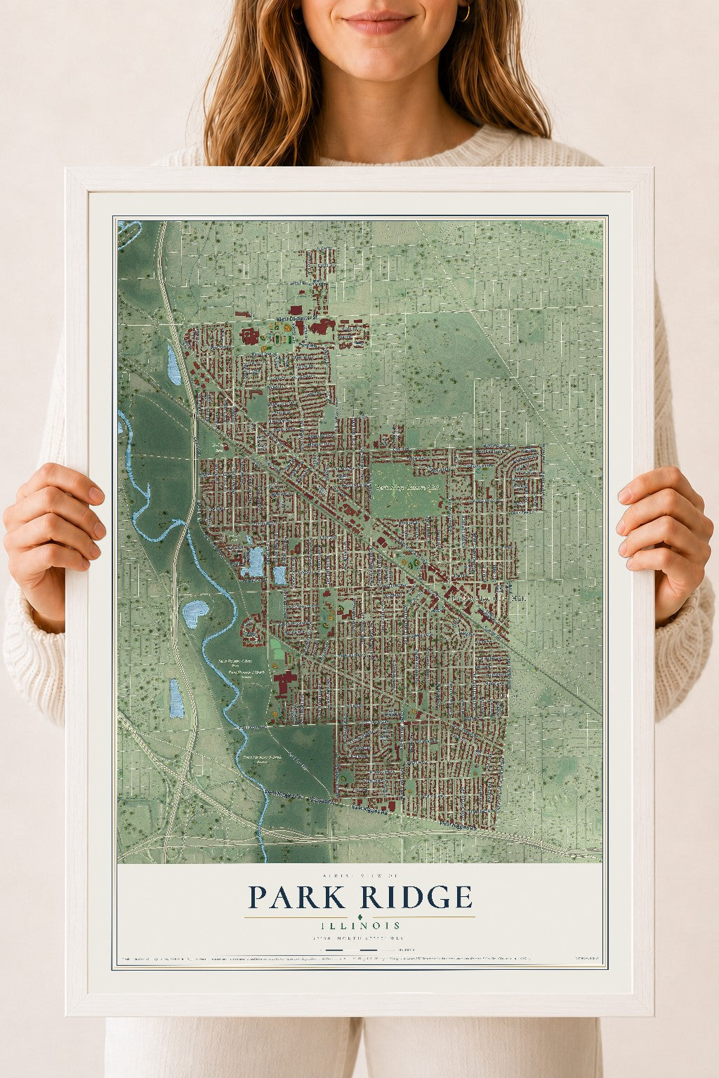 Map of Park Ridge, Illinois, 18 x 24 inch print in a white wood frame