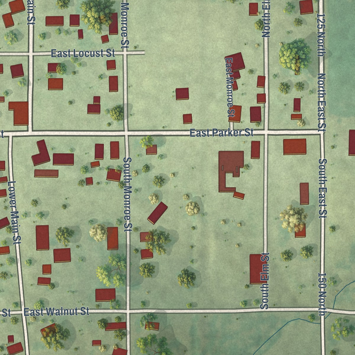 Close-up of the map of Parkersburg, Illinois print showing street and building detail