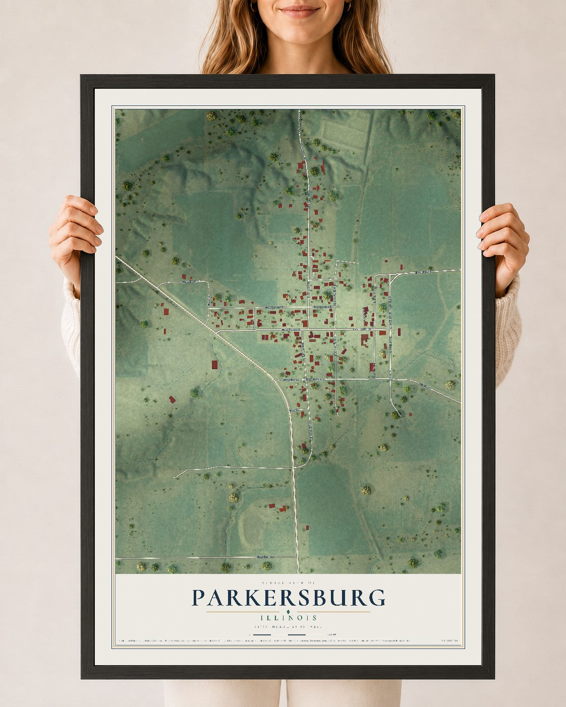 Map of Parkersburg, Illinois, 24 x 36 inch print in a black wood frame