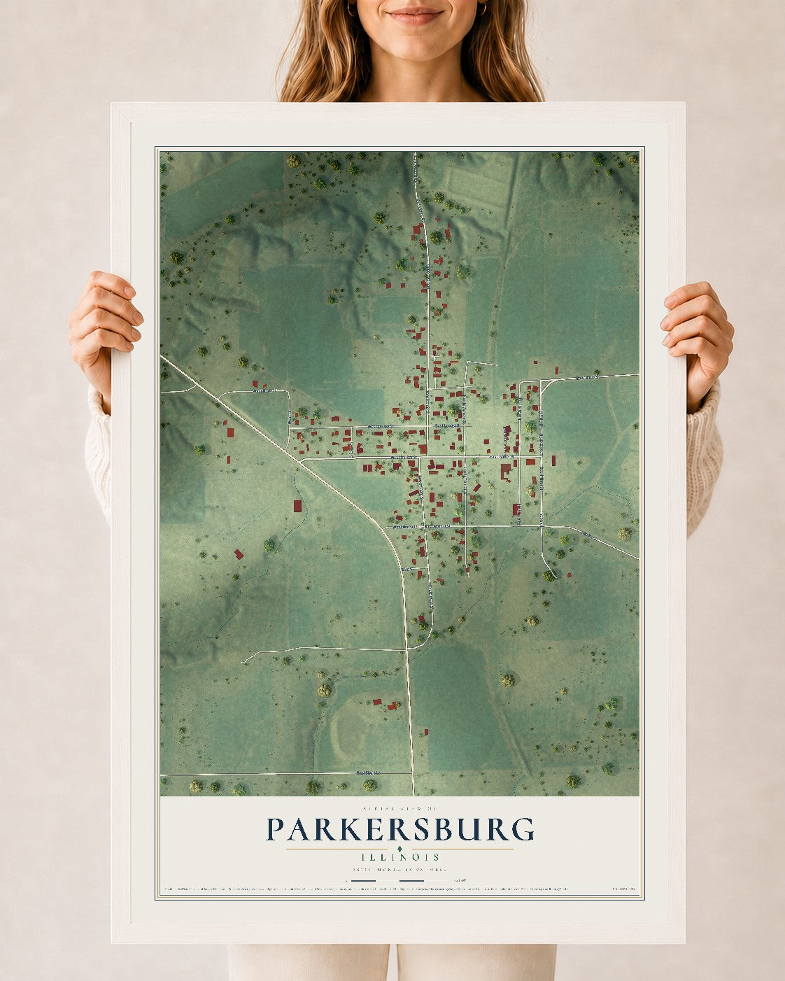 Map of Parkersburg, Illinois, 24 x 36 inch print in a white wood frame