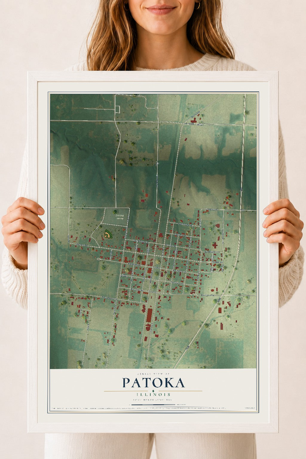 Map of Patoka, Illinois, 18 x 24 inch print in a white wood frame