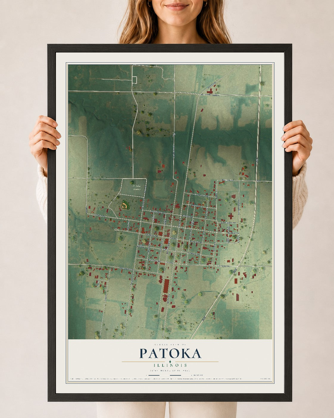 Map of Patoka, Illinois, 24 x 36 inch print in a black wood frame