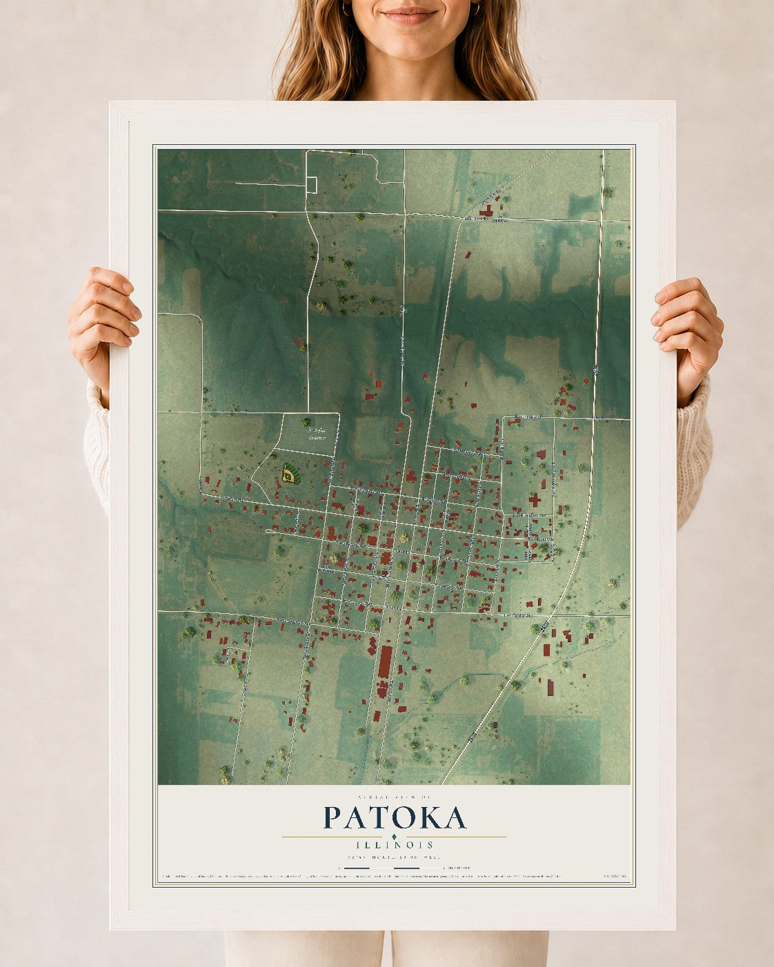 Map of Patoka, Illinois, 24 x 36 inch print in a white wood frame