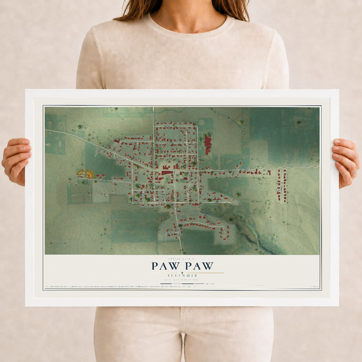 Map of Paw Paw, Illinois, 12 x 18 inch print in a white wood frame