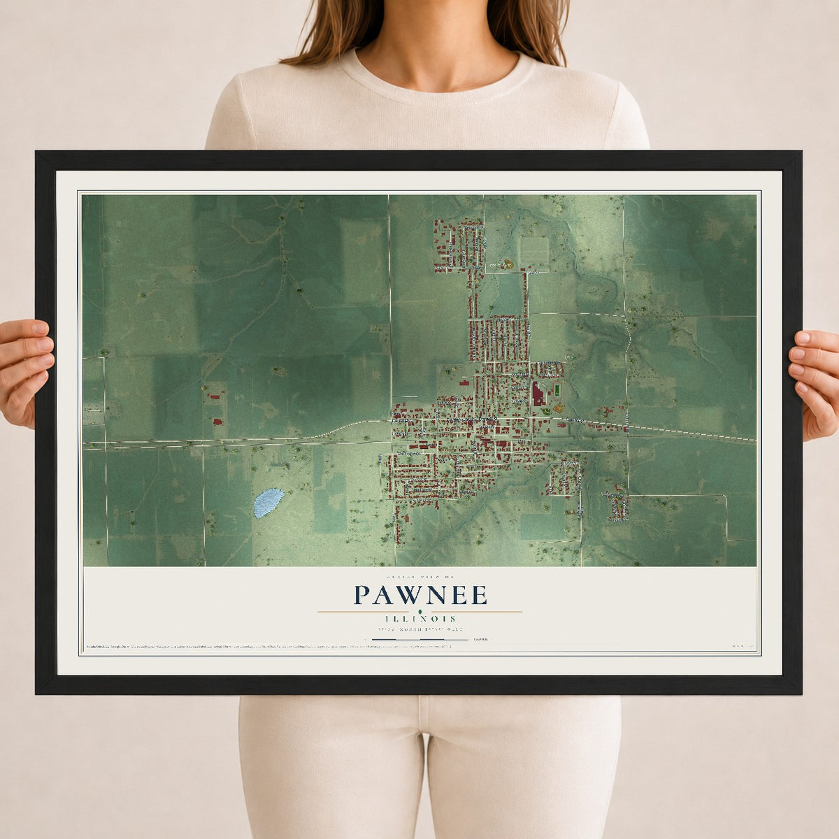 Map of Pawnee, Illinois, 18 x 24 inch print in a black wood frame