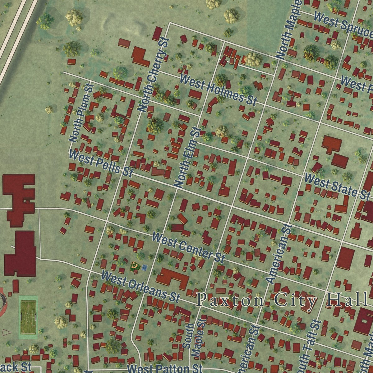 Close-up of the map of Paxton, Illinois print showing street and building detail