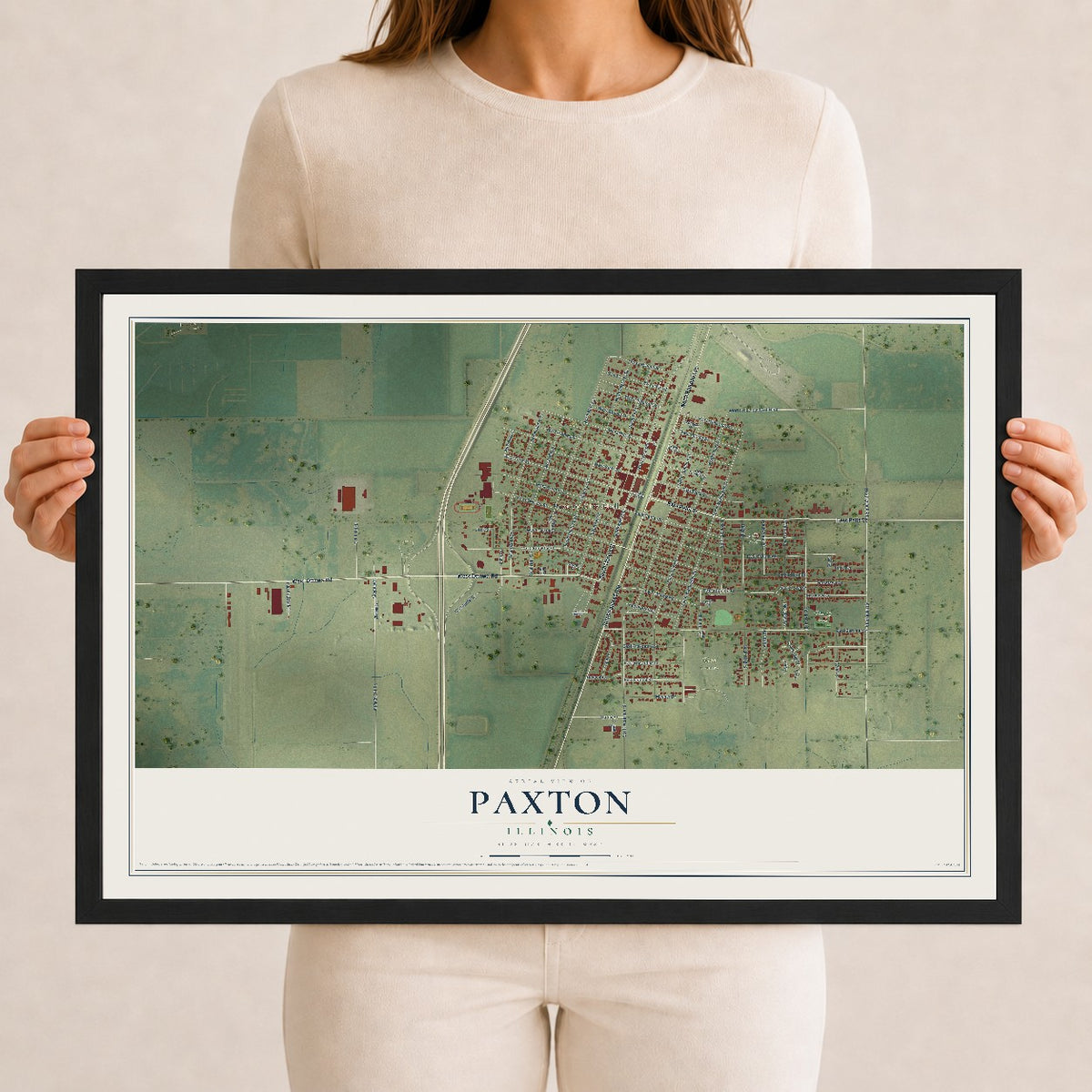 Map of Paxton, Illinois, 12 x 18 inch print in a black wood frame
