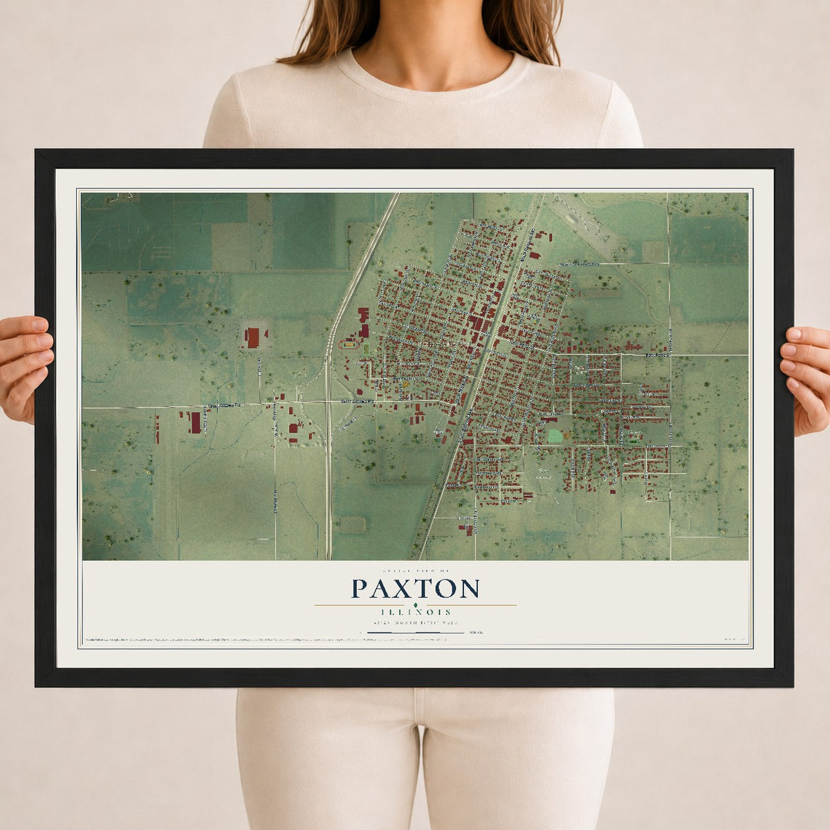 Map of Paxton, Illinois, 18 x 24 inch print in a black wood frame