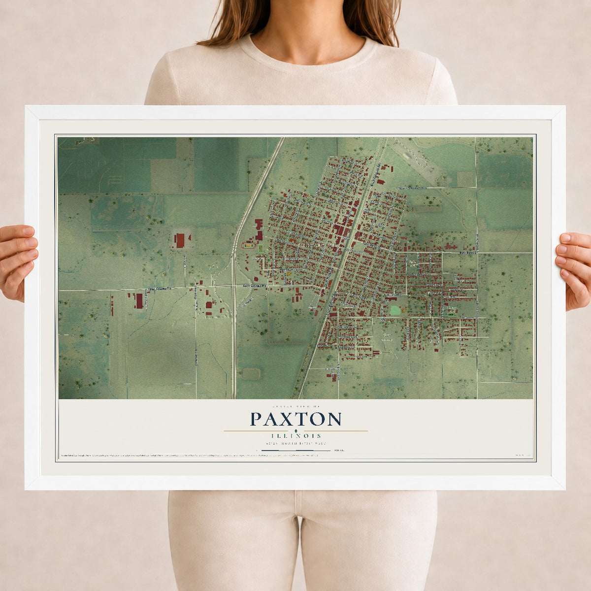 Map of Paxton, Illinois, 18 x 24 inch print in a white wood frame