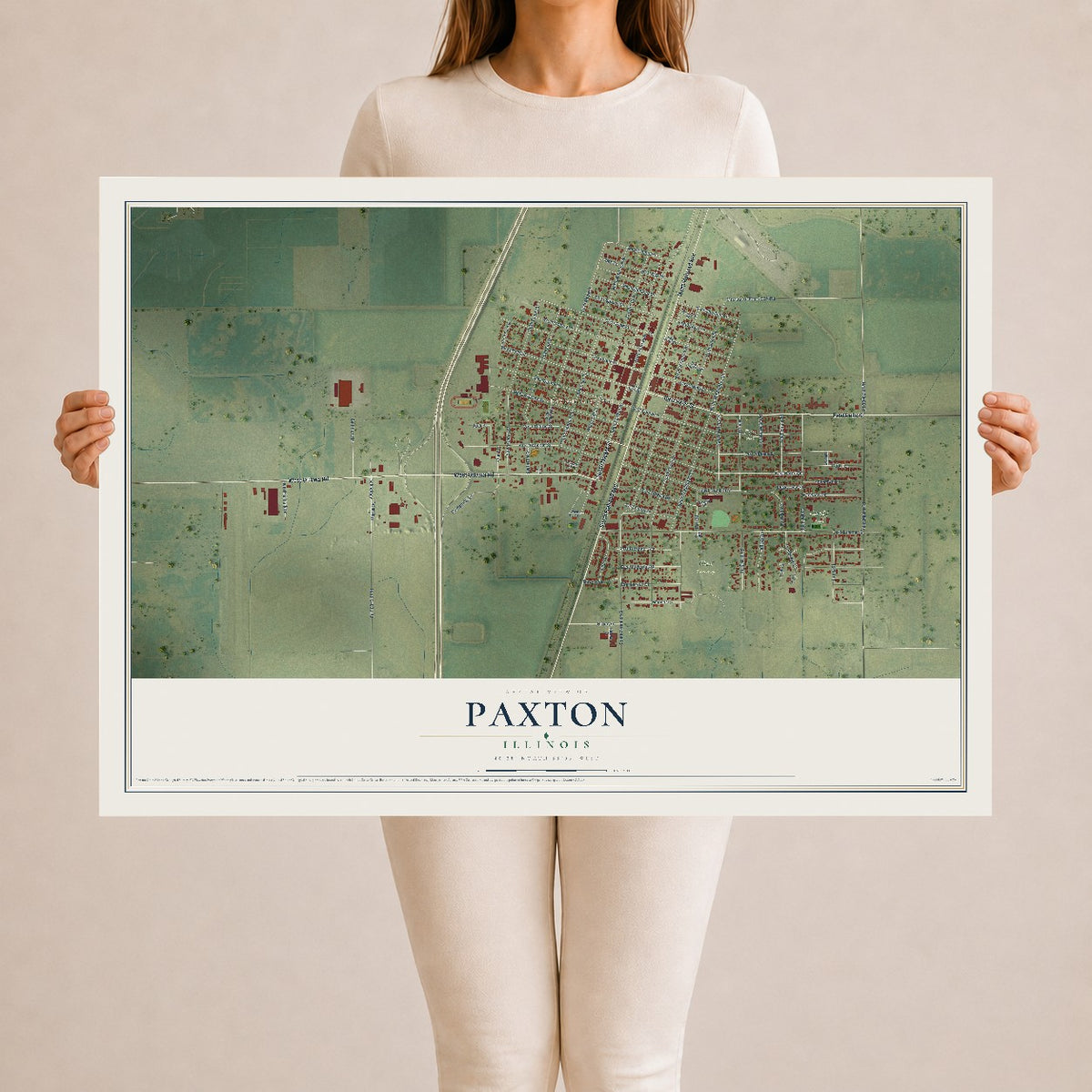 Map of Paxton, Illinois, 24 x 36 inch unframed archival matte print