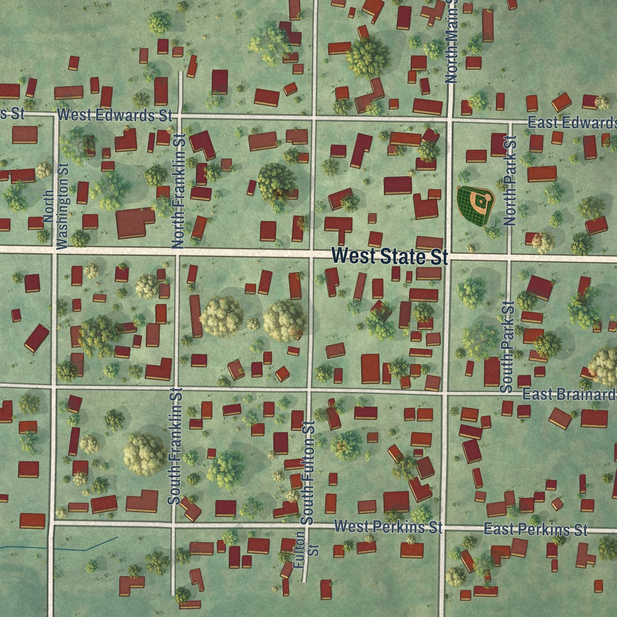 Close-up of the map of Payson, Illinois print showing street and building detail