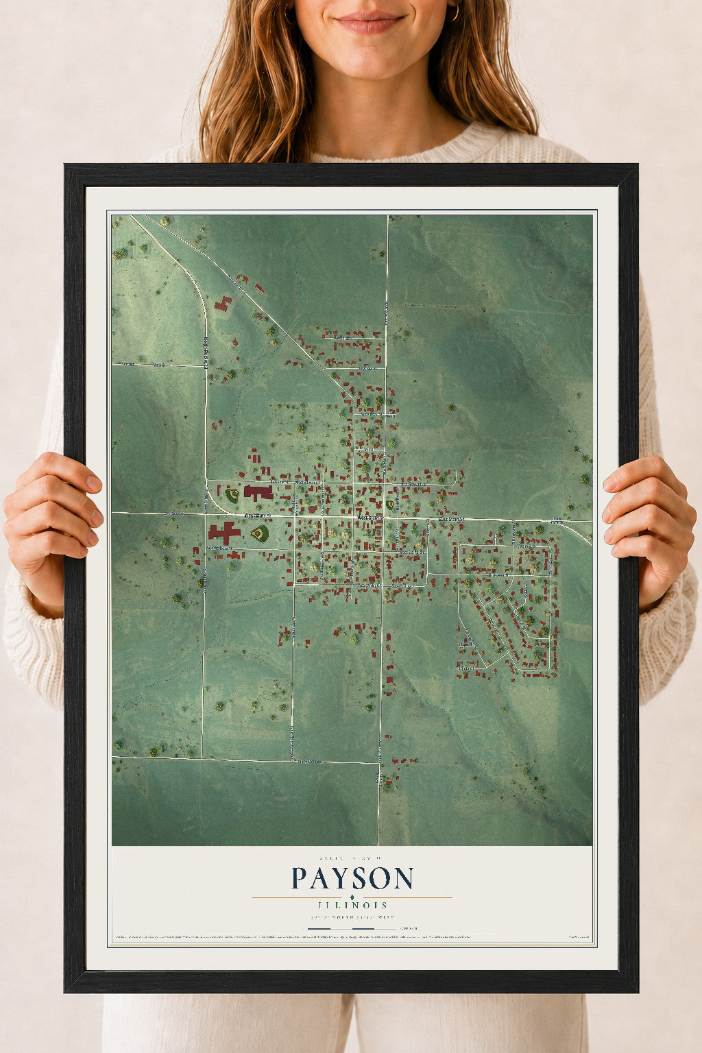 Map of Payson, Illinois, 18 x 24 inch print in a black wood frame