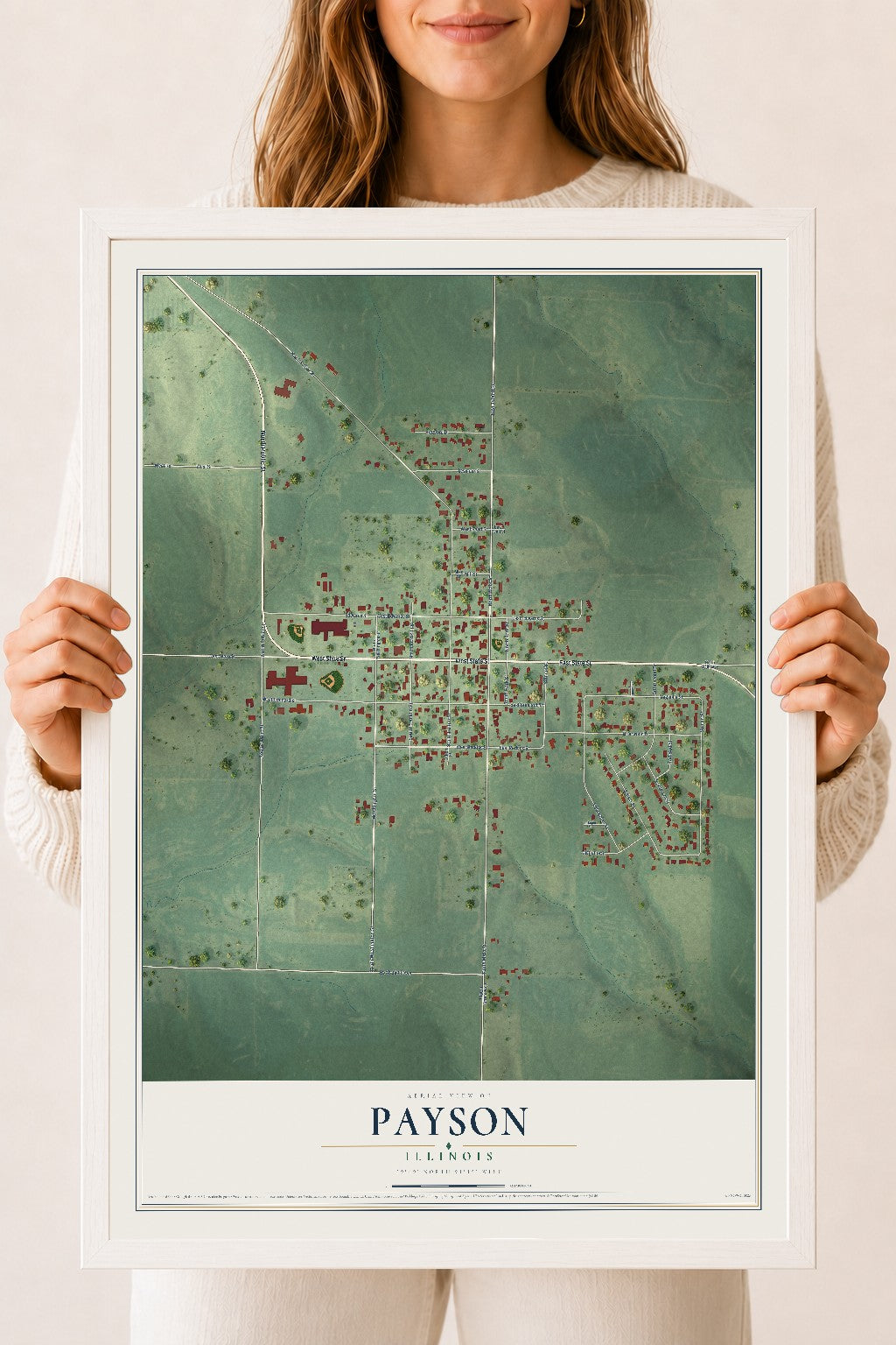 Map of Payson, Illinois, 18 x 24 inch print in a white wood frame