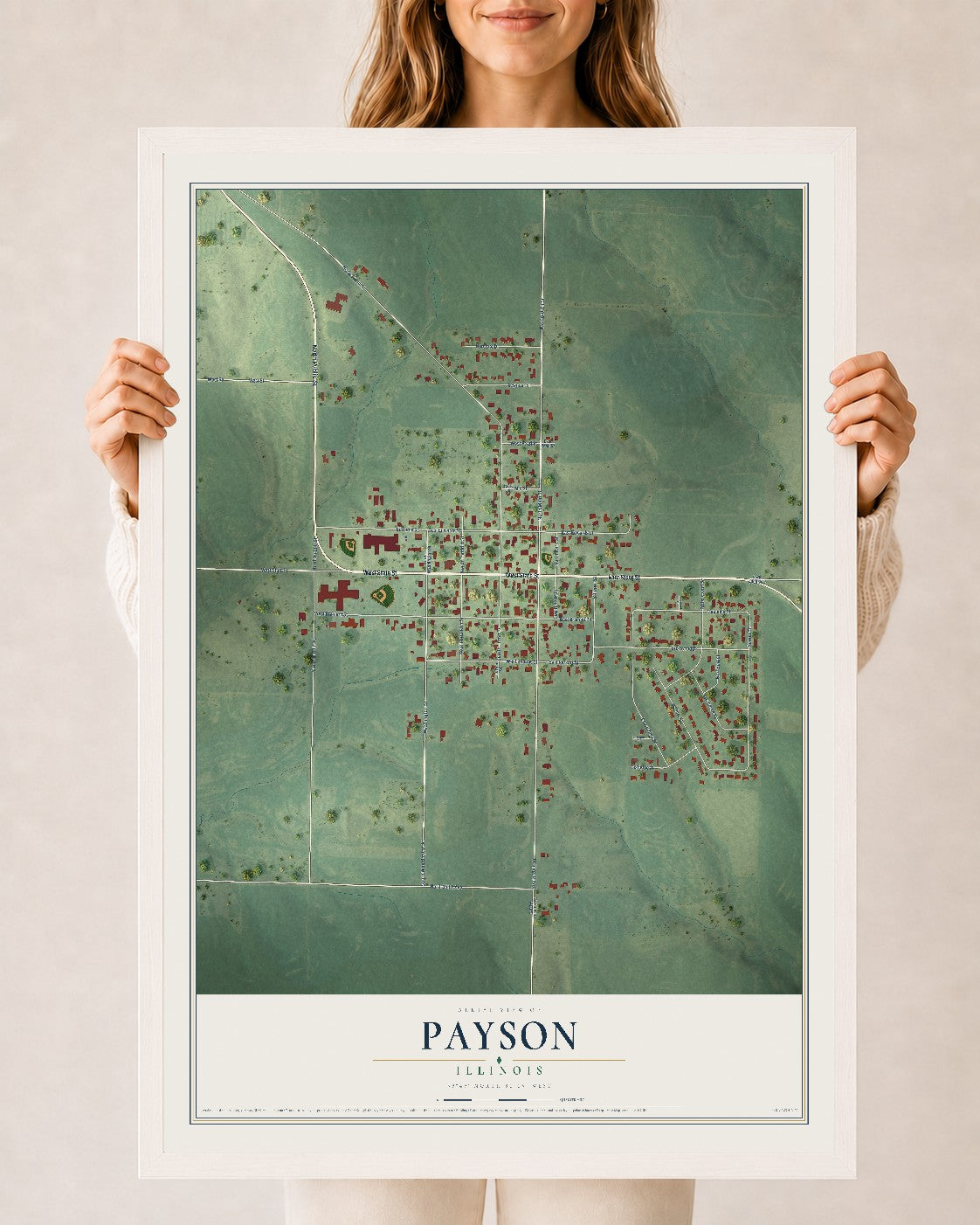 Map of Payson, Illinois, 24 x 36 inch print in a white wood frame