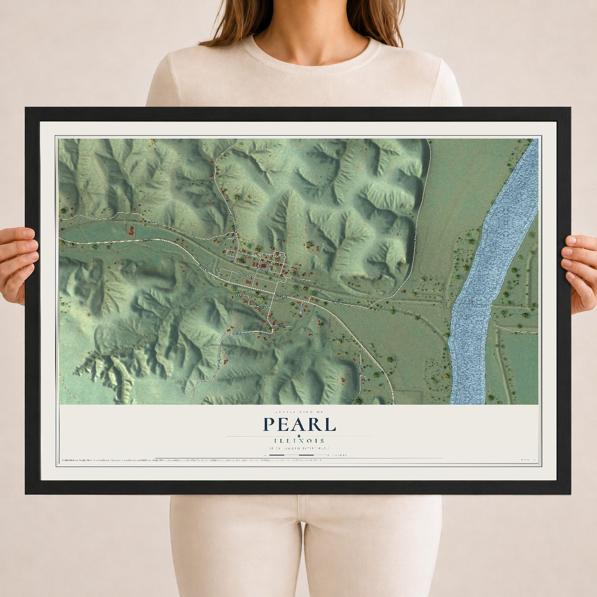 Map of Pearl, Illinois, 18 x 24 inch print in a black wood frame