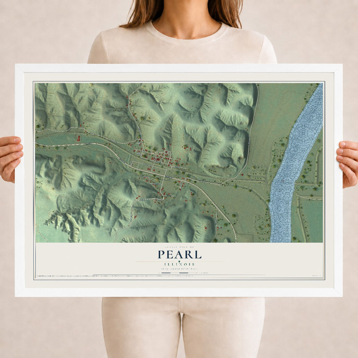 Map of Pearl, Illinois, 18 x 24 inch print in a white wood frame