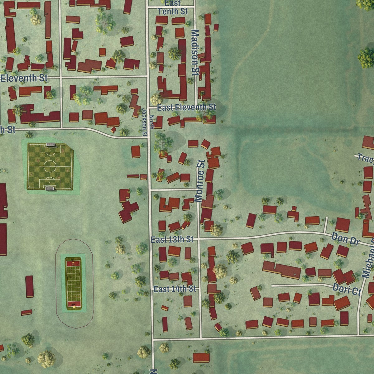 Second close-up of the map of Pecatonica, Illinois print showing more streets and buildings