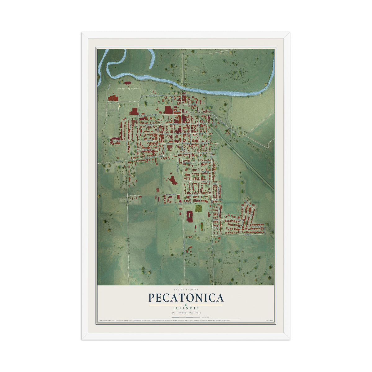 Map of Pecatonica, Illinois, 12 x 18 inch print in a white wood frame