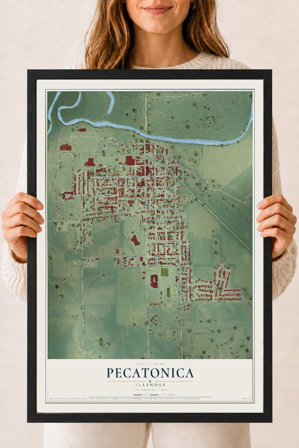 Map of Pecatonica, Illinois, 18 x 24 inch print in a black wood frame