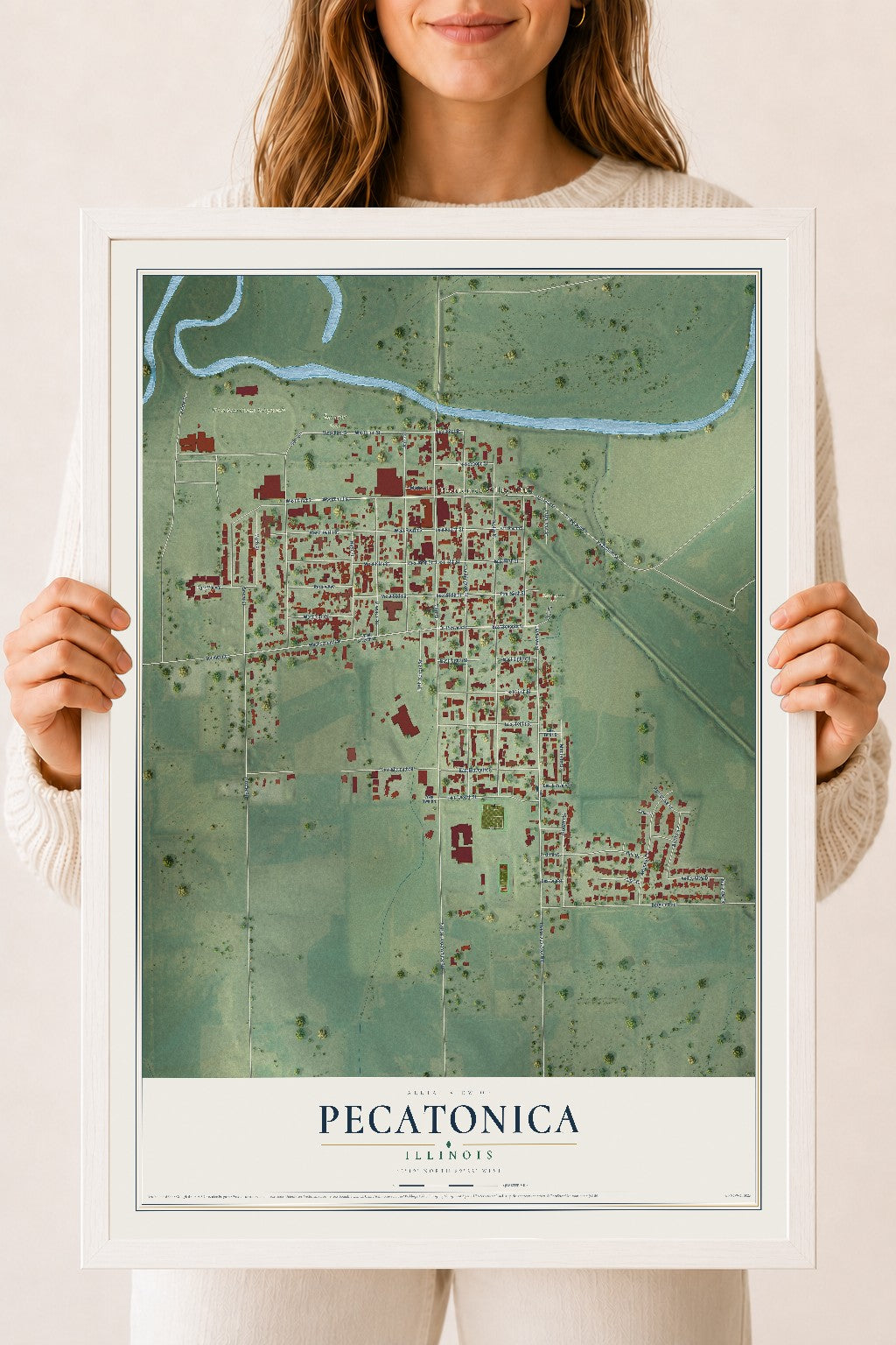 Map of Pecatonica, Illinois, 18 x 24 inch print in a white wood frame