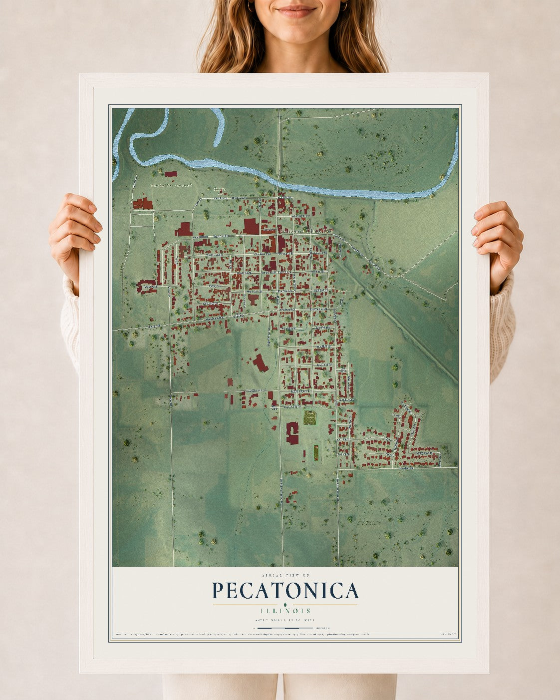 Map of Pecatonica, Illinois, 24 x 36 inch print in a white wood frame