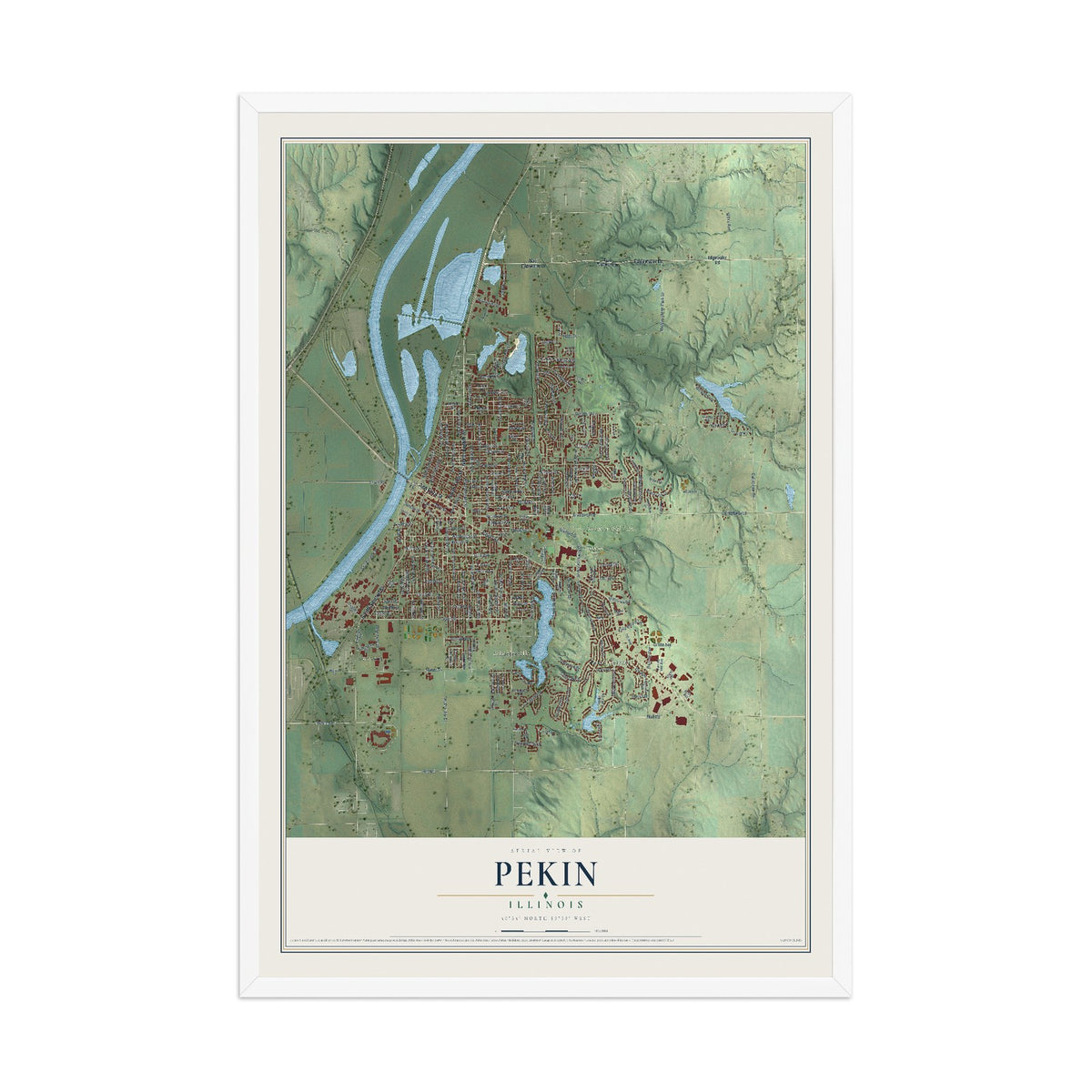 Map of Pekin, Illinois, 12 x 18 inch print in a white wood frame