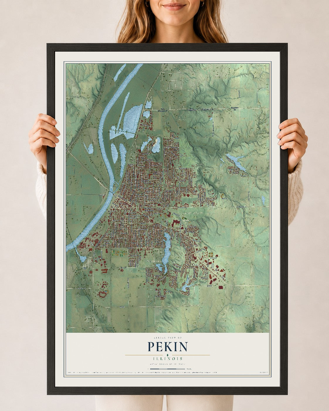 Map of Pekin, Illinois, 24 x 36 inch print in a black wood frame