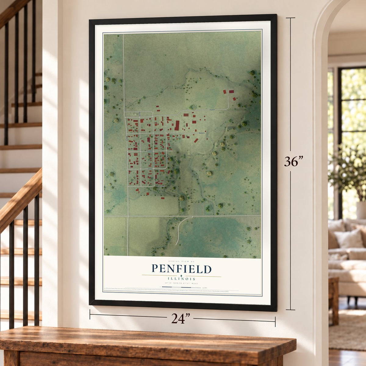 Penfield, Illinois map, 24 x 36 inch print in a black frame by a staircase