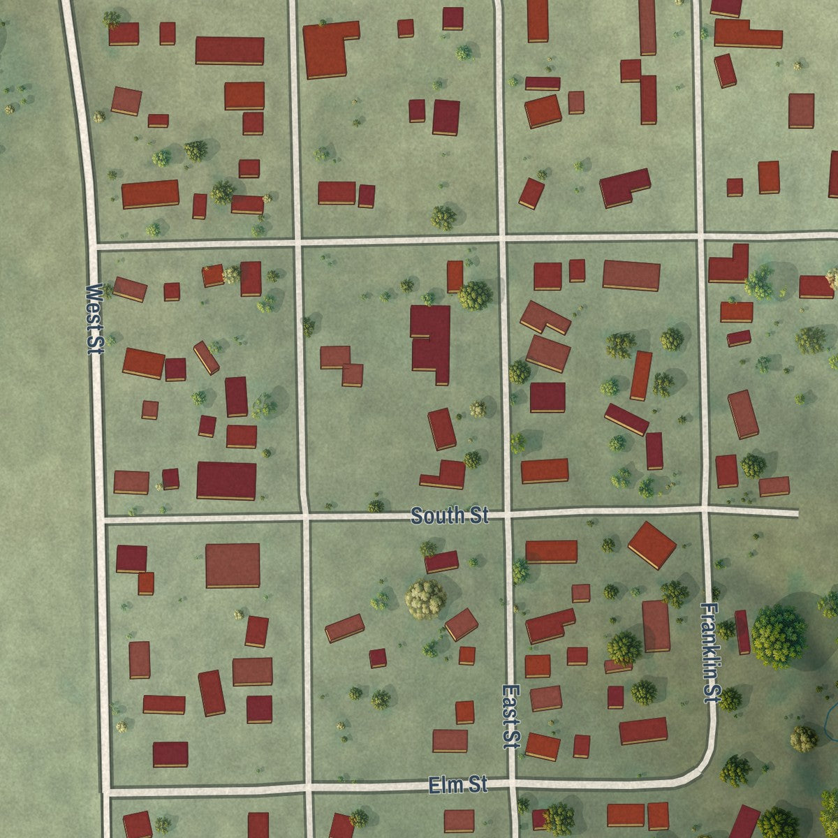 Close-up of the map of Penfield, Illinois print showing street and building detail