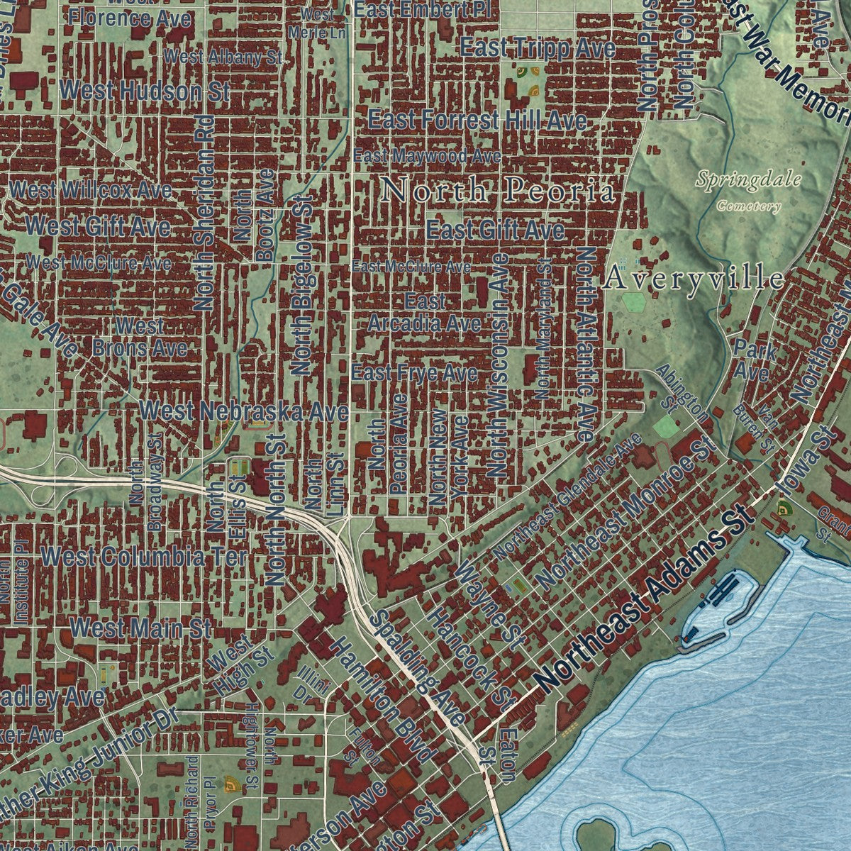 Second close-up of the map of Peoria, Illinois print showing more streets and buildings