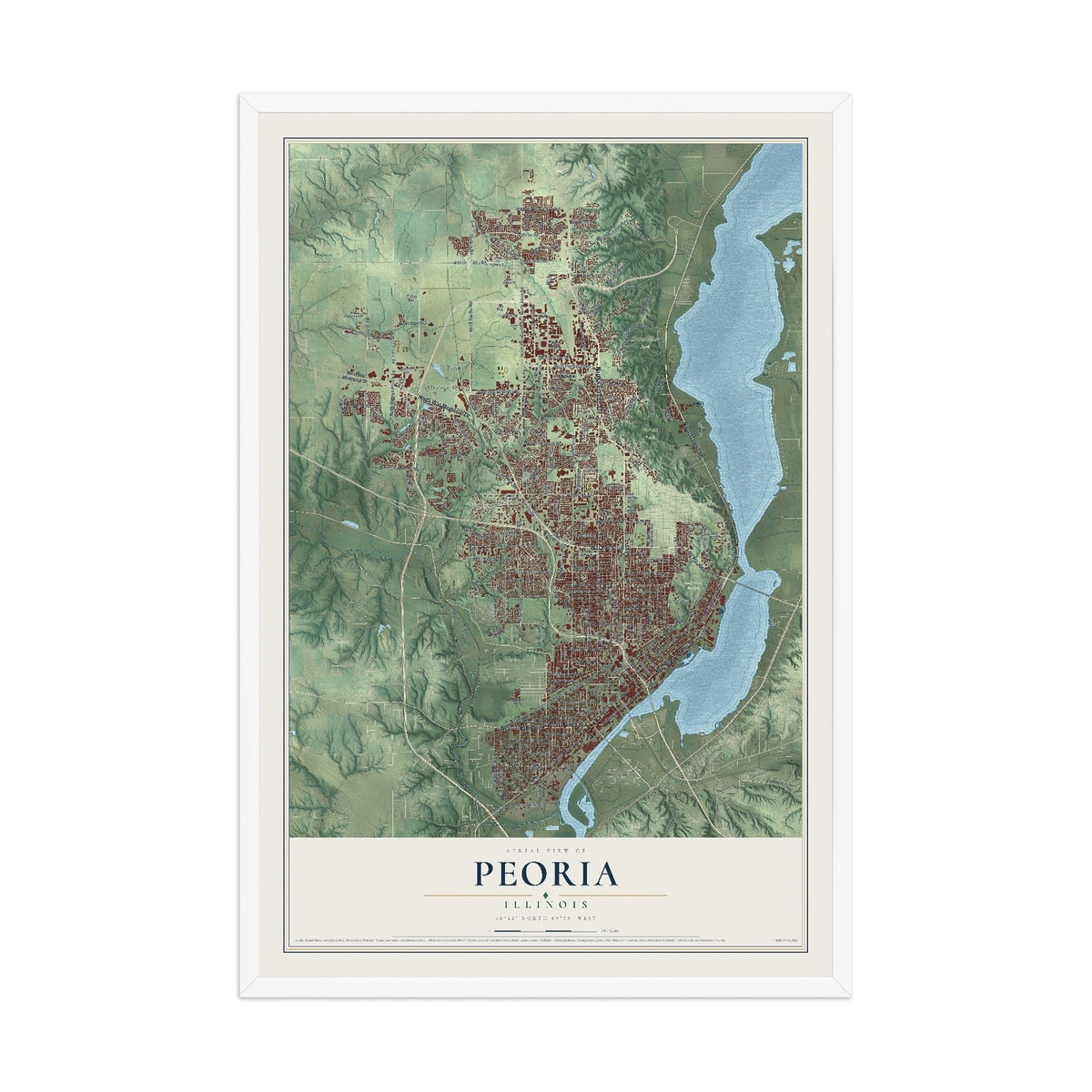 Map of Peoria, Illinois, 12 x 18 inch print in a white wood frame
