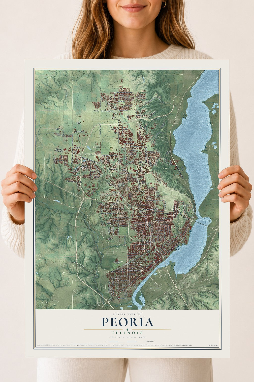 Map of Peoria, Illinois, 18 x 24 inch unframed archival matte print