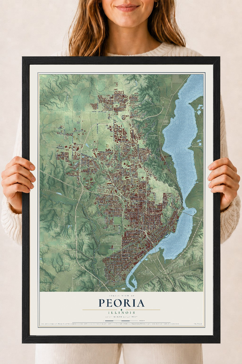 Map of Peoria, Illinois, 18 x 24 inch print in a black wood frame