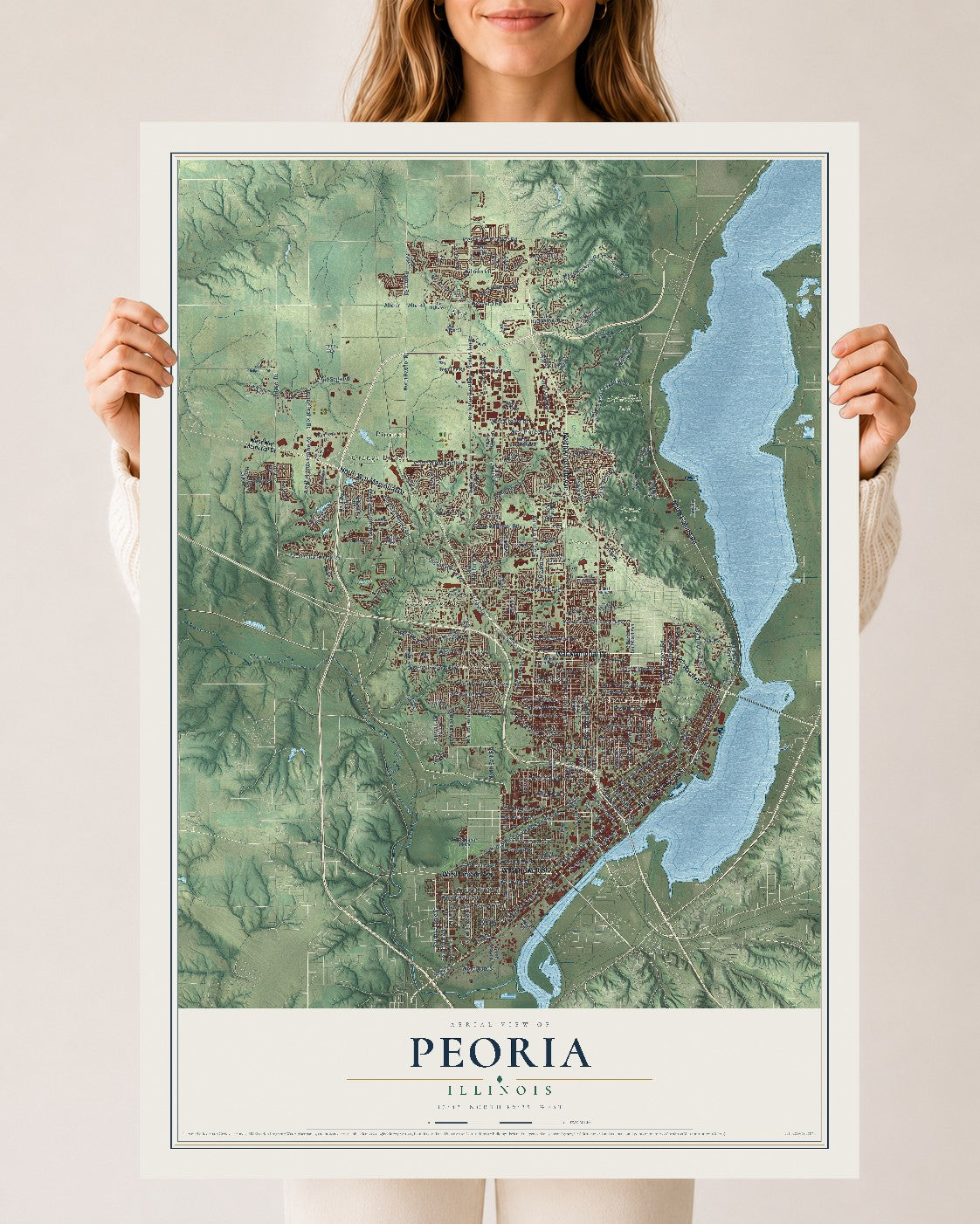 Map of Peoria, Illinois, 24 x 36 inch unframed archival matte print