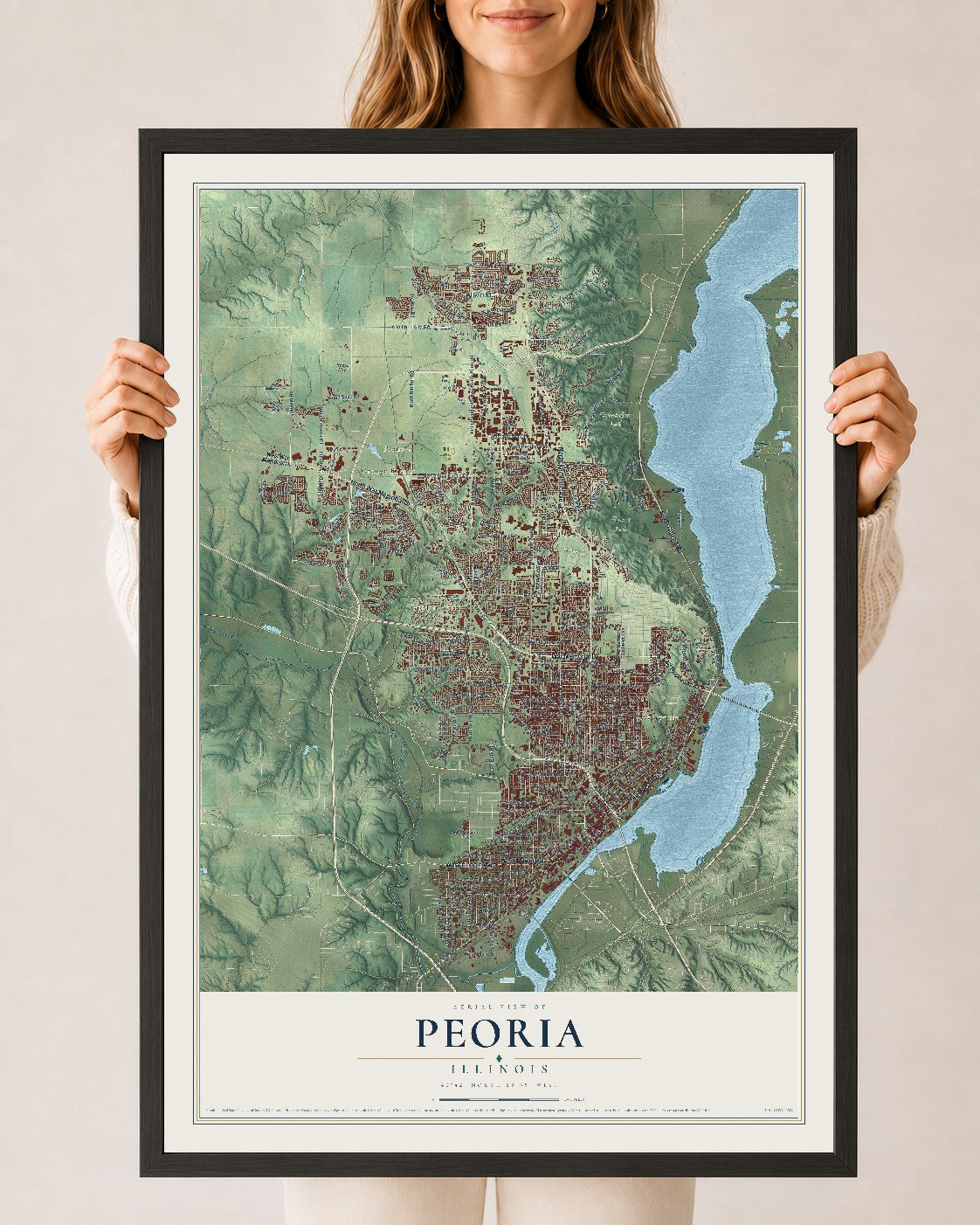 Map of Peoria, Illinois, 24 x 36 inch print in a black wood frame