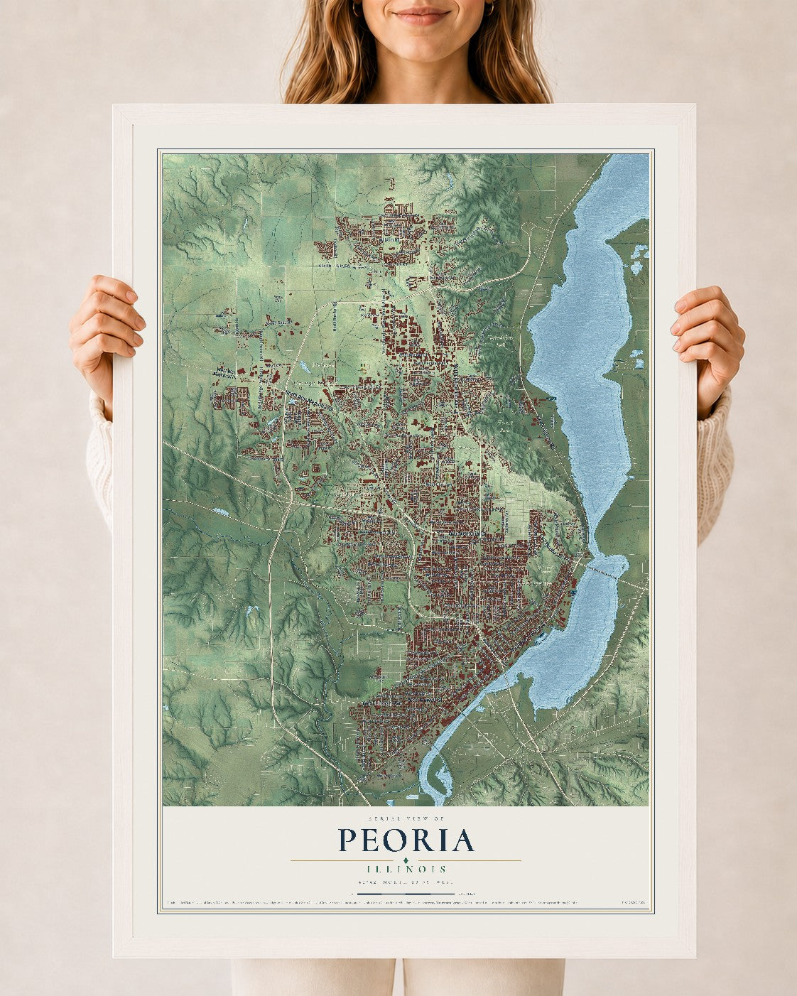 Map of Peoria, Illinois, 24 x 36 inch print in a white wood frame