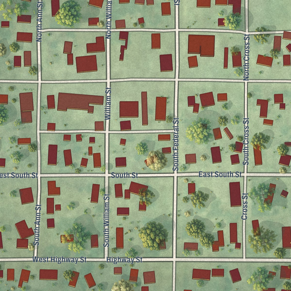 Close-up of the map of Perry, Illinois print showing street and building detail