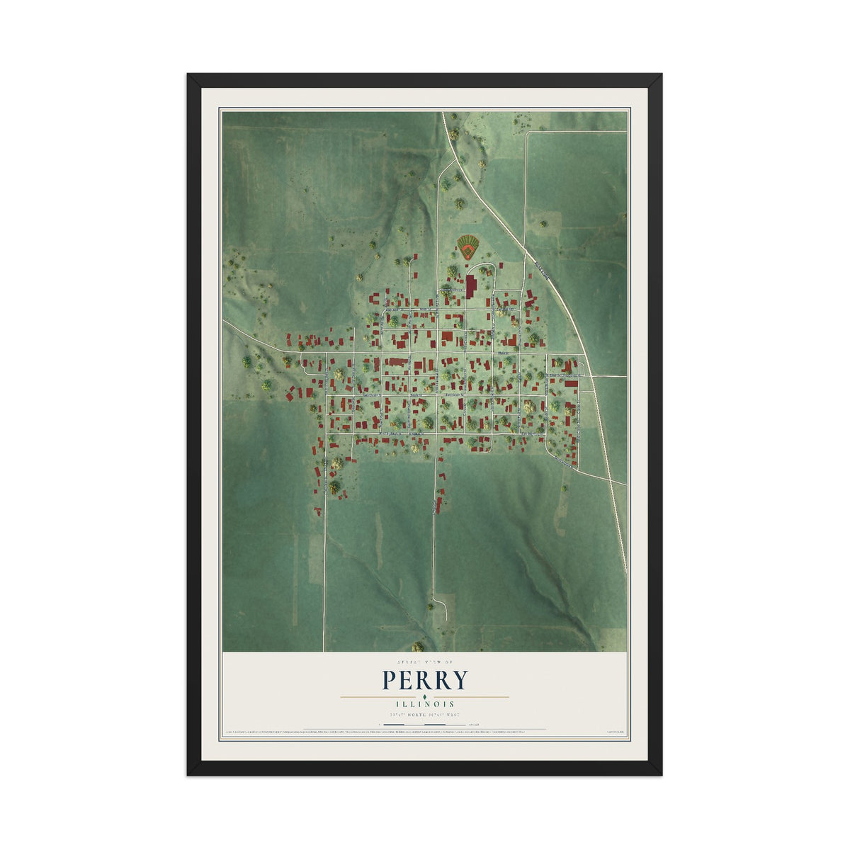 Map of Perry, Illinois, 12 x 18 inch print in a black wood frame