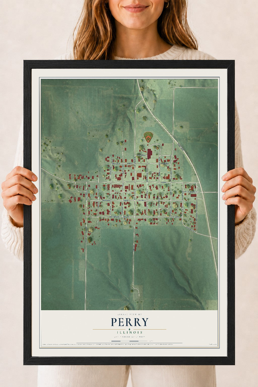Map of Perry, Illinois, 18 x 24 inch print in a black wood frame