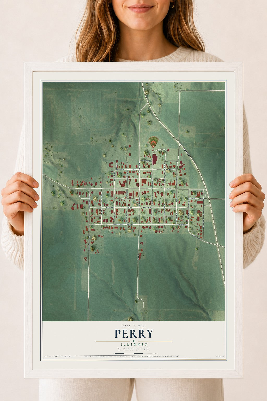 Map of Perry, Illinois, 18 x 24 inch print in a white wood frame