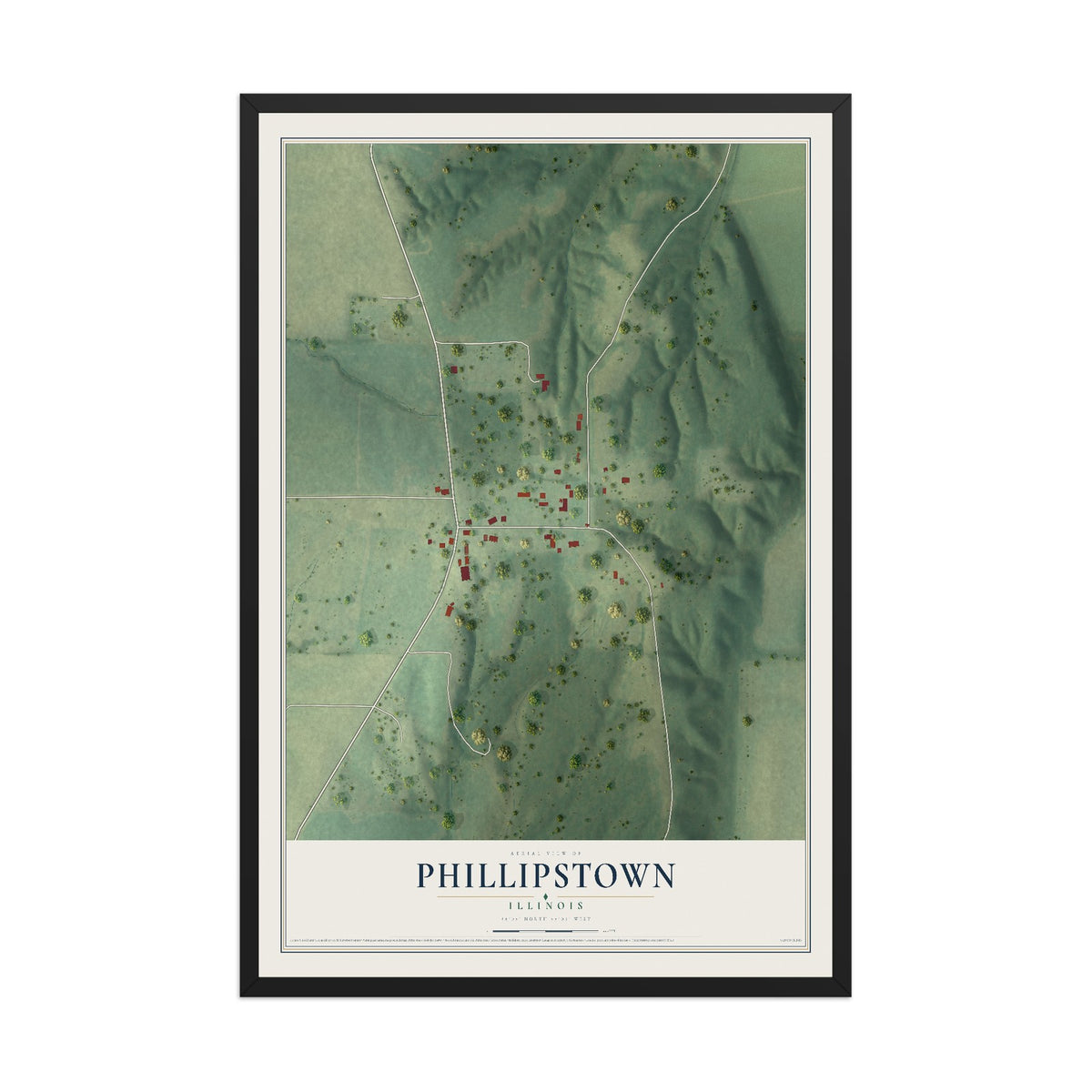 Map of Phillipstown, Illinois, 12 x 18 inch print in a black wood frame