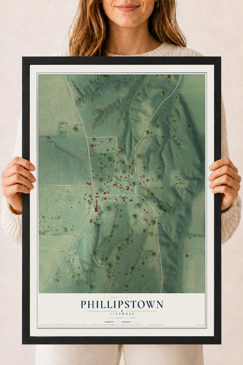 Map of Phillipstown, Illinois, 18 x 24 inch print in a black wood frame