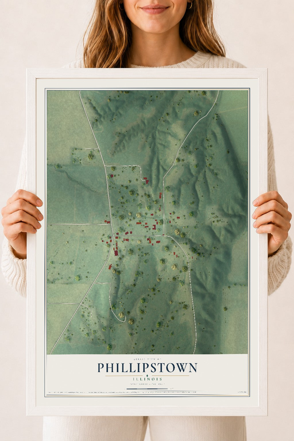 Map of Phillipstown, Illinois, 18 x 24 inch print in a white wood frame