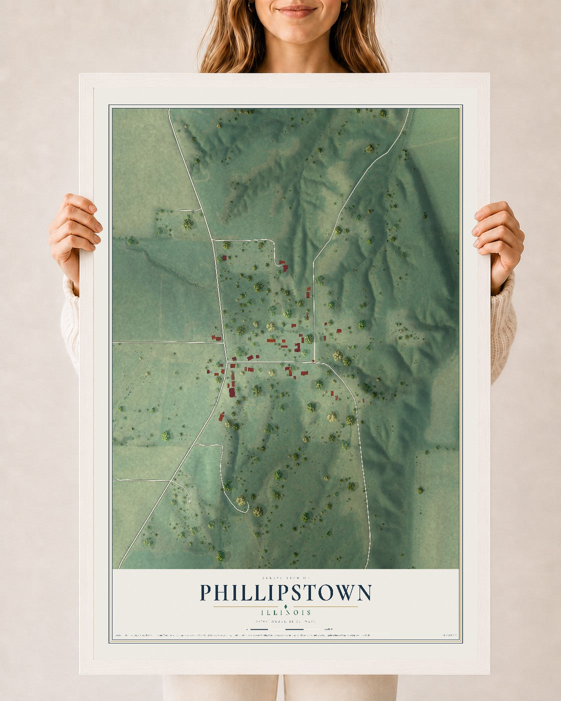Map of Phillipstown, Illinois, 24 x 36 inch print in a white wood frame