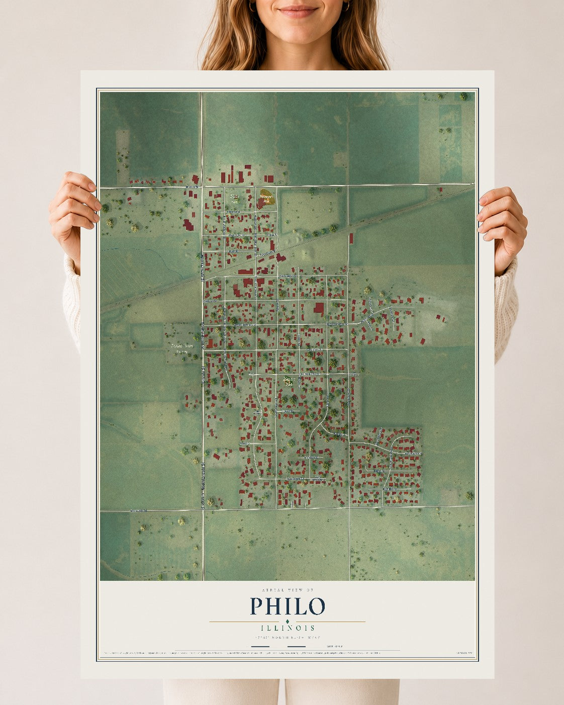 Map of Philo, Illinois, 24 x 36 inch unframed archival matte print