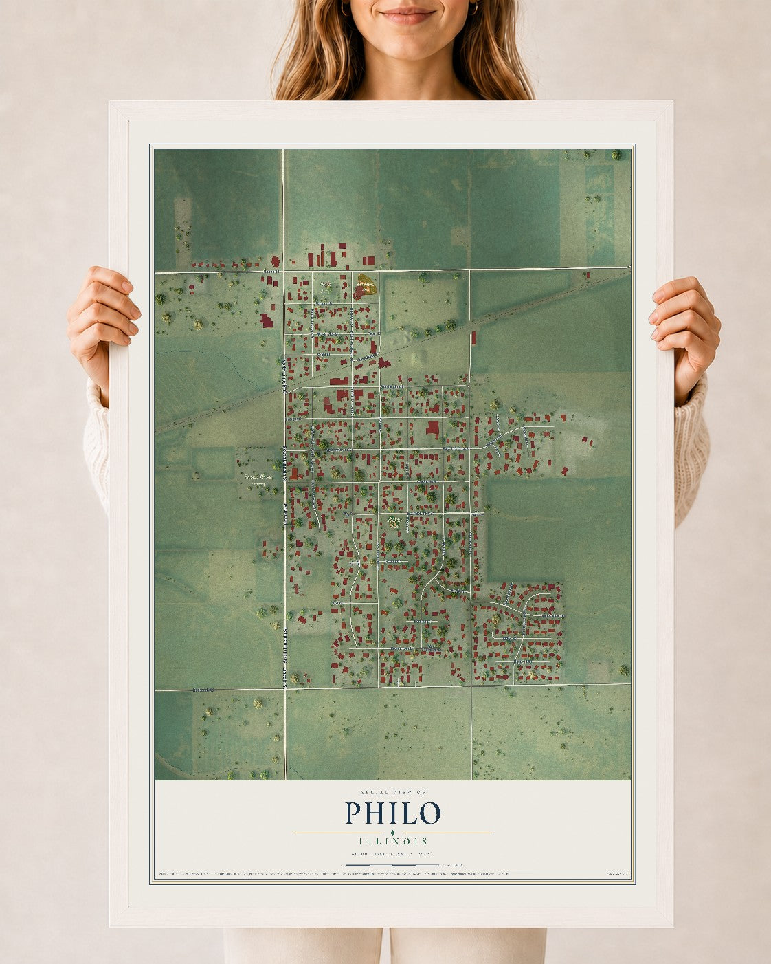 Map of Philo, Illinois, 24 x 36 inch print in a white wood frame