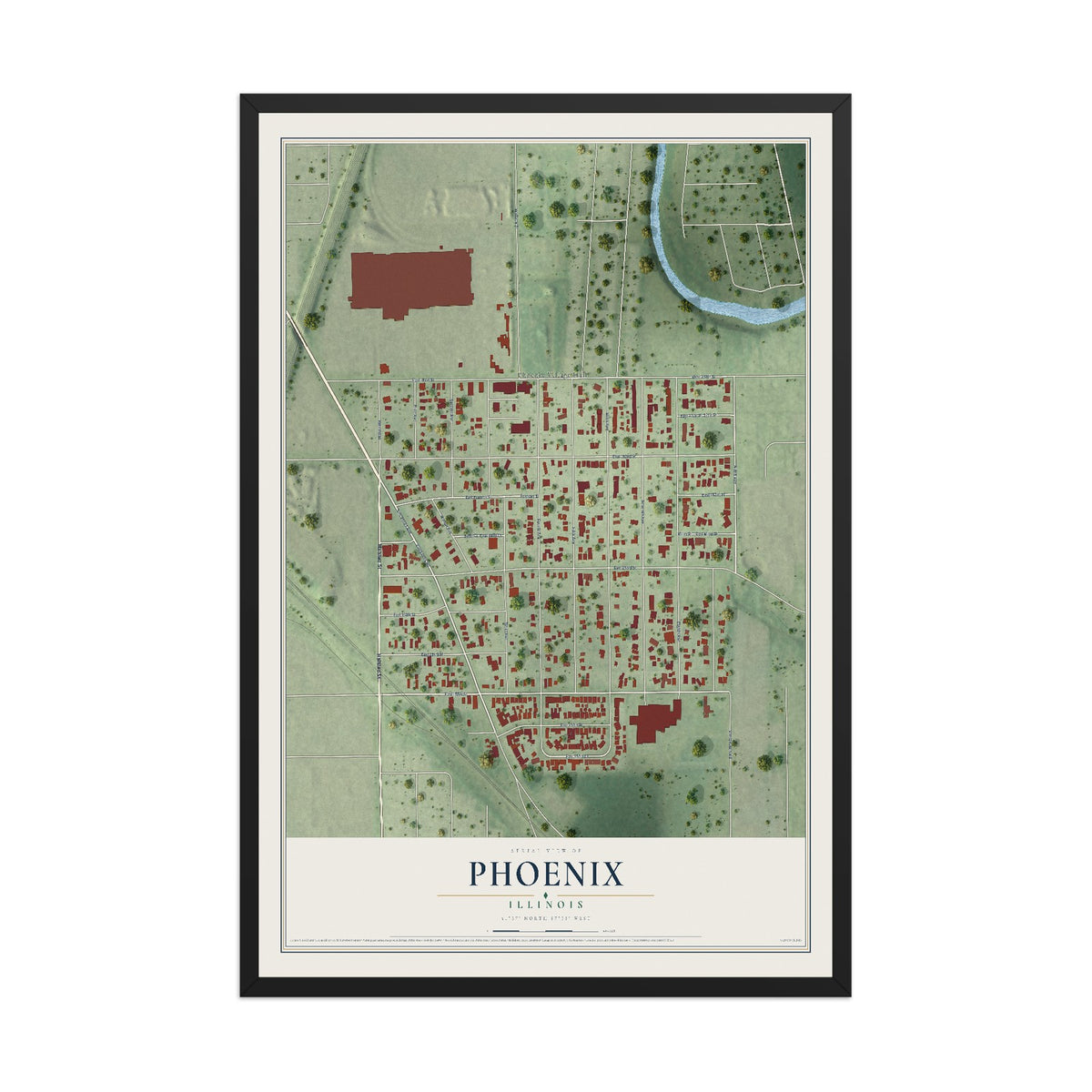 Map of Phoenix, Illinois, 12 x 18 inch print in a black wood frame