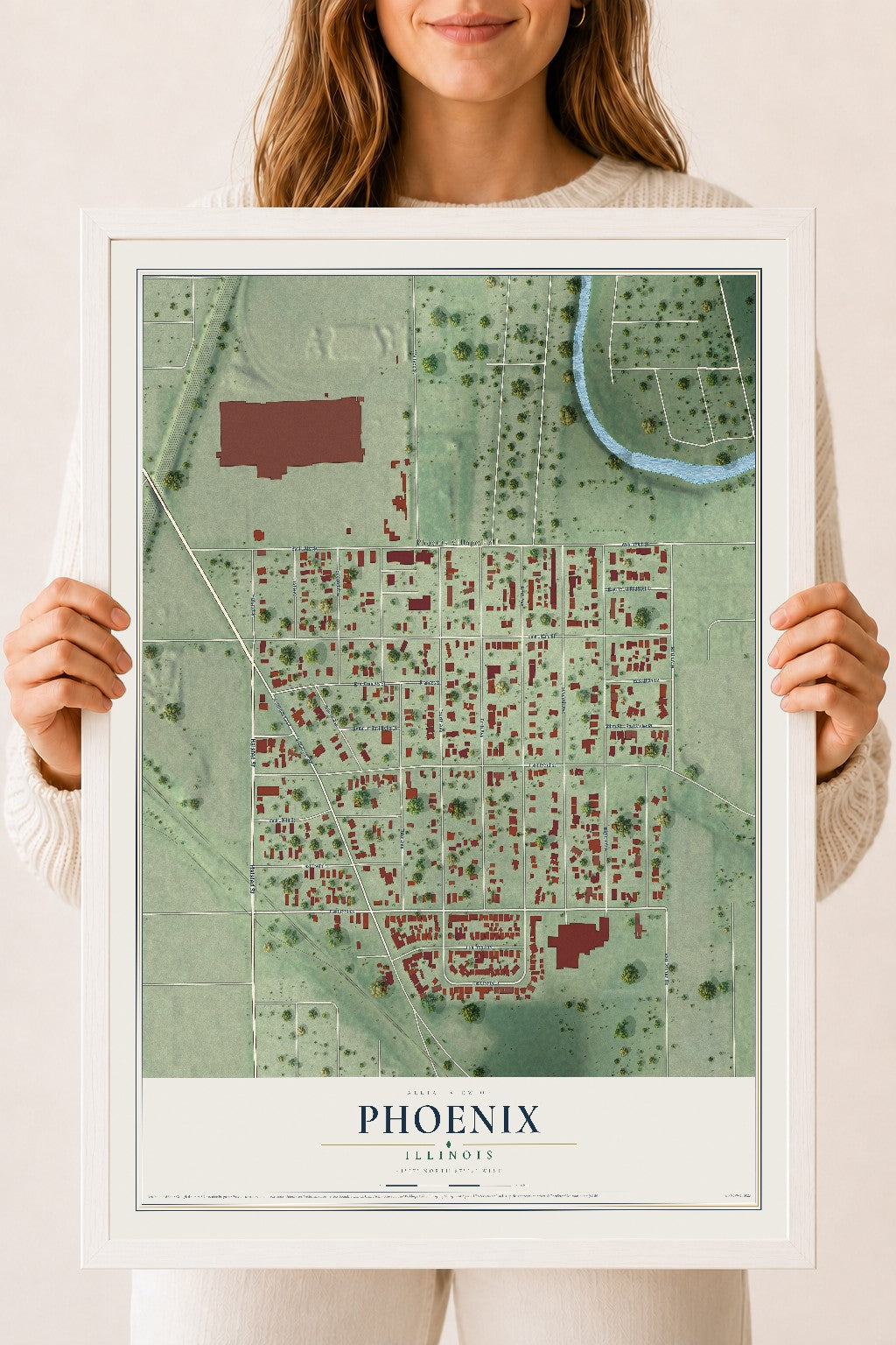 Map of Phoenix, Illinois, 18 x 24 inch print in a white wood frame